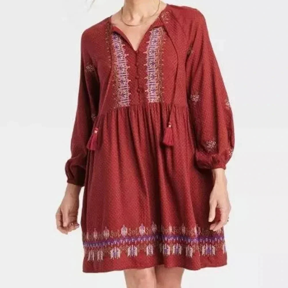 Knox Rose Balloon Boho Long Sleeve Hippie Peasant Embroidered Mini Dress Sz 1X.